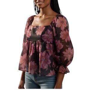 THIRTY THIRTY Sheer Babydoll Floral Blouse in Pink and Black